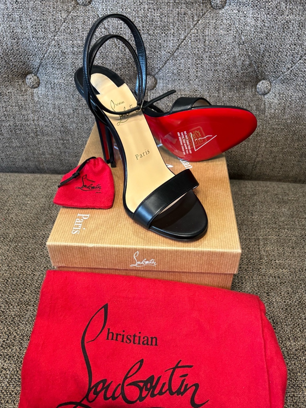 Christian Louboutin Black Leather Open-Toe Slingback Heels with Red Sole - Picture 3 of 5